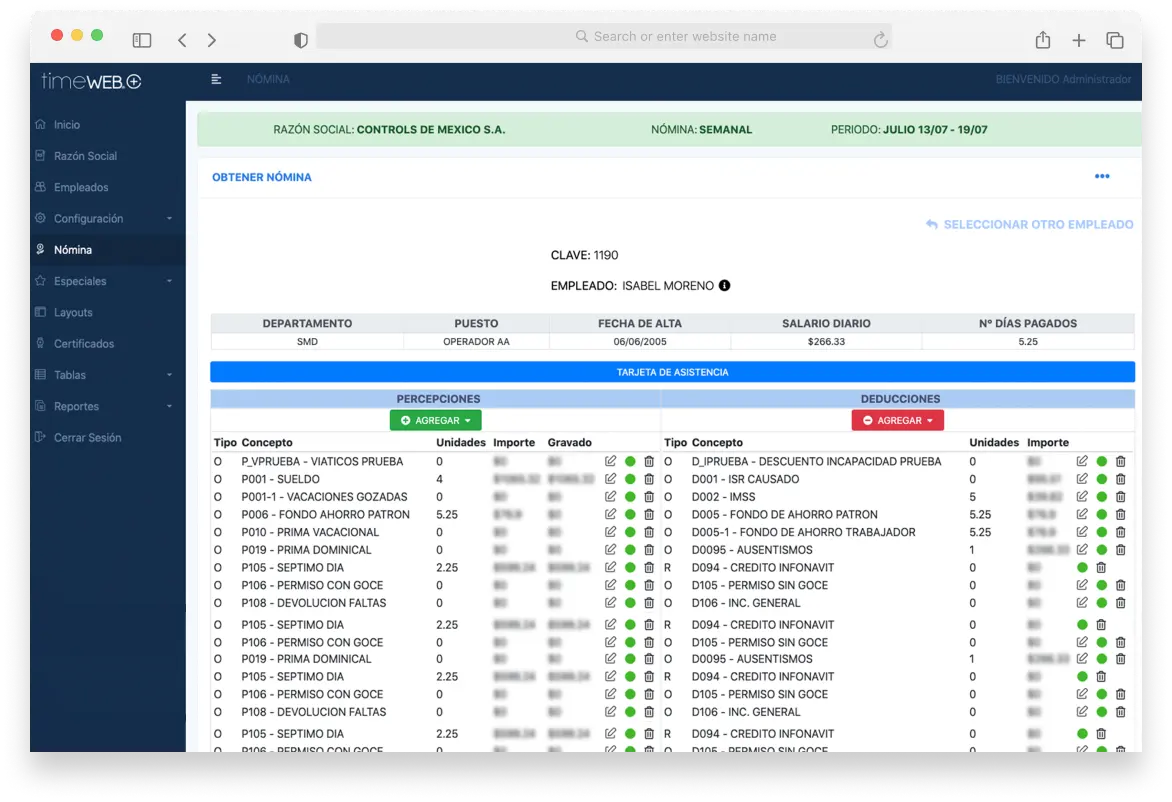 Sistema TimeWeb para nómina fiscal y extraordinaria